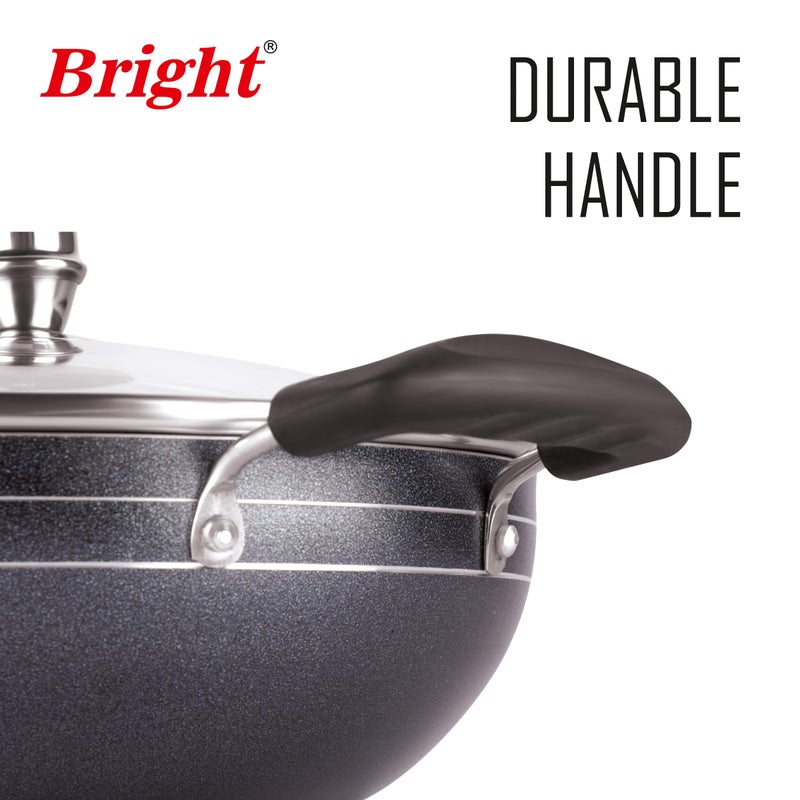 Bright مقلاة عميقة غير لاصقة من الألمنيوم BRIGHT مع غطاء زجاجي - 2.5 لتر، 24 سم | 5 طبقات طلاء | مقبض ناعم | مقاومة للبقع | قاعدة للطبخ بالحث - Image 5