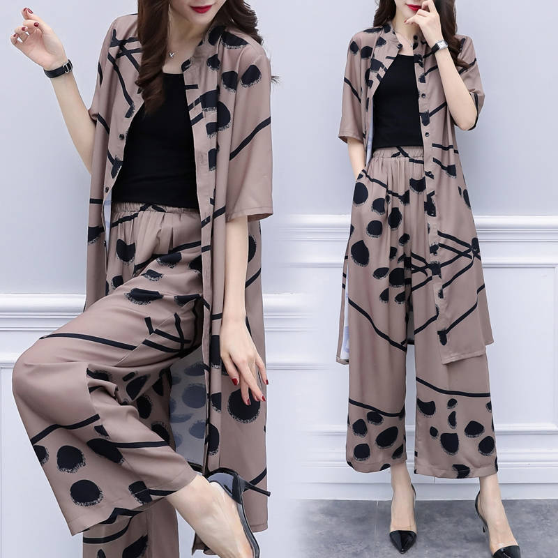 Autumn 2021 Womens Short-sleeved Korean Casual Large Size Cardigan Top Wide-leg Pants Two-piece Set Picture Color Picture Color