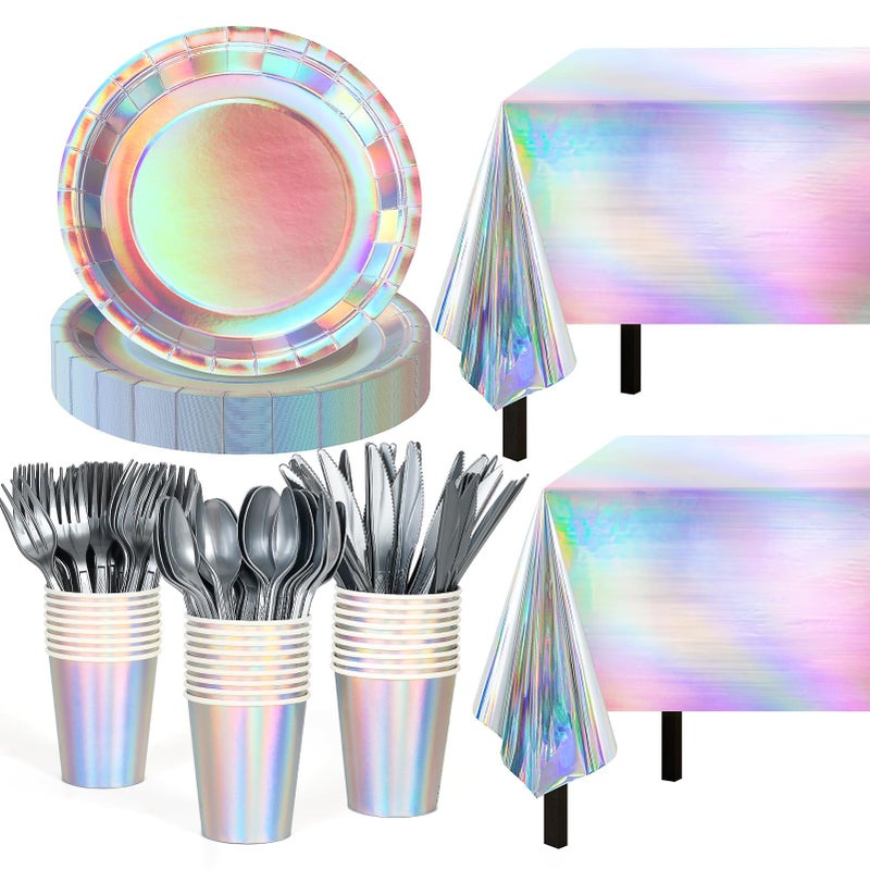 Iridescent Party Supplies Decorations132 Pcs Disposable Iridescent Paper Party Plates Cups Knives Spoons Fork for Birthday Wedding Outdoor PicnicDisposable Plastic Tablecloths for DinnerHoliday