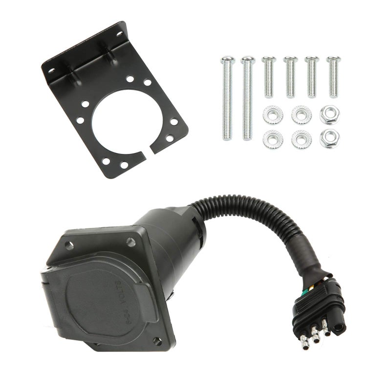 محول توصيل ضوء المقطورة من MITZONE 4Way Flat إلى 7Way Round Blade مع براغي ودبابيس تثبيت لمركبات الشاحنات وRV من جانب المقطورة إلى جانب السحب