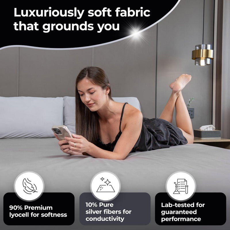Silvery Silver-Infused Grounding Bed Sheets - Silky-Soft Earthing Fitted Sheet with Grounding Cable & Guide - 90% Lyocell 10% Conductive Silver for Better Sleep - Image 3
