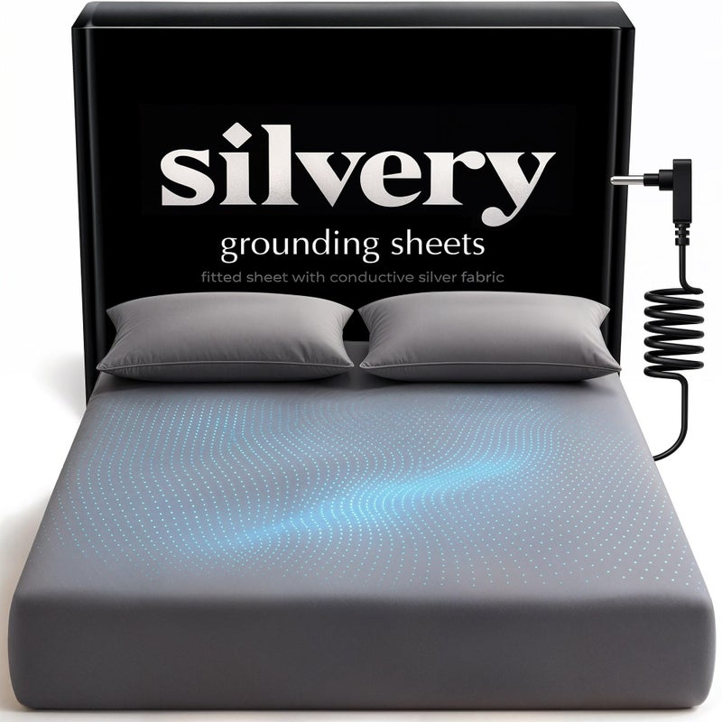 Silvery Silver-Infused Grounding Bed Sheets - Silky-Soft Earthing Fitted Sheet with Grounding Cable & Guide - 90% Lyocell 10% Conductive Silver for Better Sleep - Image 1
