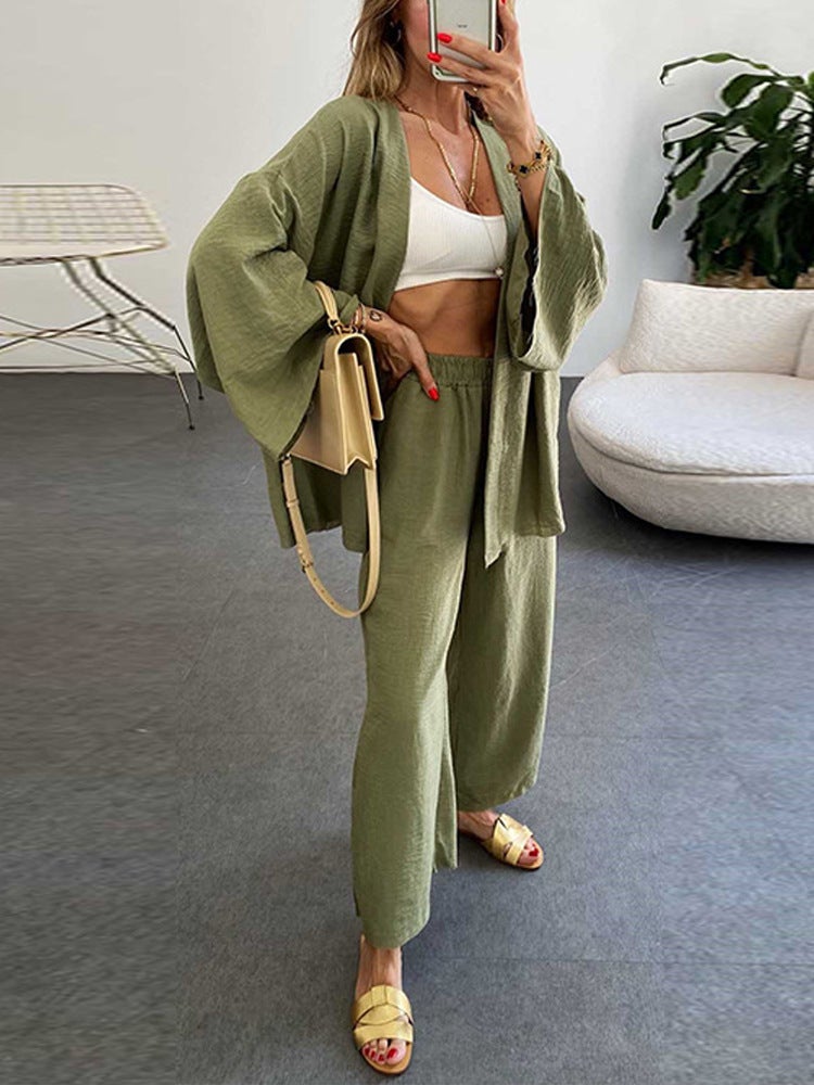 2024 cross-border foreign trade New plus size womens wide-leg trousers suit solid color loose fashion casual two-piece set for women Green