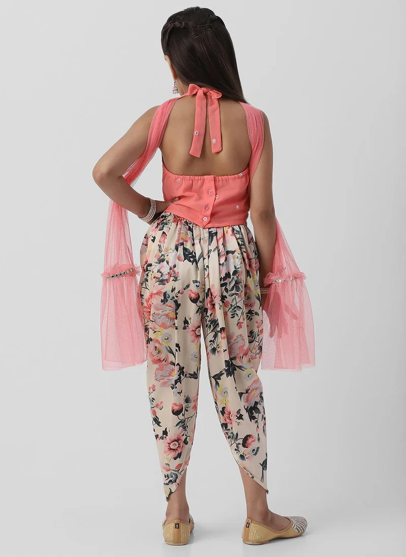 نوتيناتي Nautinati Girls’ Halter Neck Mirror Lace Top and Printed Patiala Pants with Net Dupatta