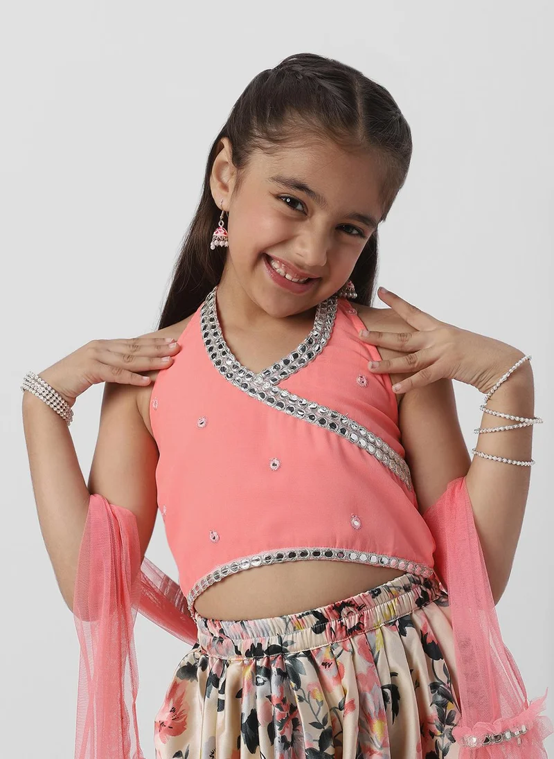 نوتيناتي Nautinati Girls’ Halter Neck Mirror Lace Top and Printed Patiala Pants with Net Dupatta