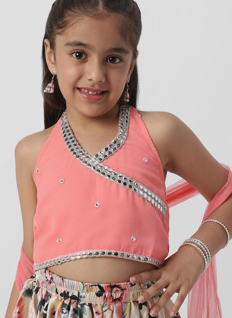 نوتيناتي Nautinati Girls’ Halter Neck Mirror Lace Top and Printed Patiala Pants with Net Dupatta