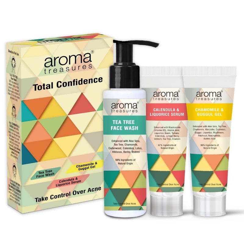 Aroma Treasures Total Confidence Anti Acne Kit with Tea Tree Aloe Vera extract Includes Face Wash Anti Acne Gel Anti Acne Serum For Oily Acne Prone Skin Set of 3 items - Image 1