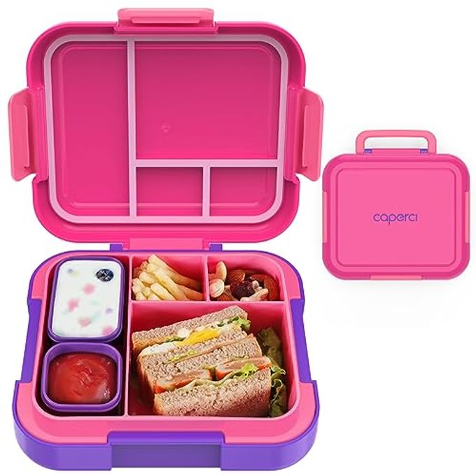 Caperci Bento Lunch Box for Kids - Large 4.8 Cups Lunch Container with 2 Modular Containers - 4 Compartments, Leak-Proof, Portable Handle, Microwave/Dishwasher Safe (Fuchsia/Purple)
