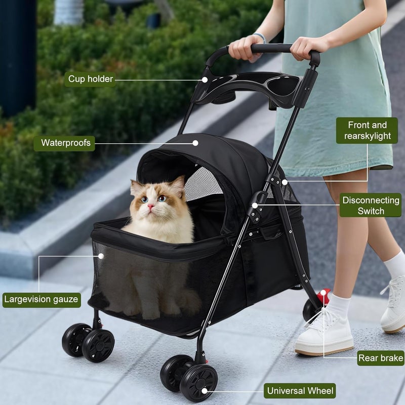 Masroo Pet Stroller 4 Wheels Dog Cat Stroller,Pet Folding Strollers,Foldable Dog Cat Cage Jogger Strollers with Storage Basket and Cup Holder,Breathable and Visible Mesh for Medium Small Dogs Cats - Image 3