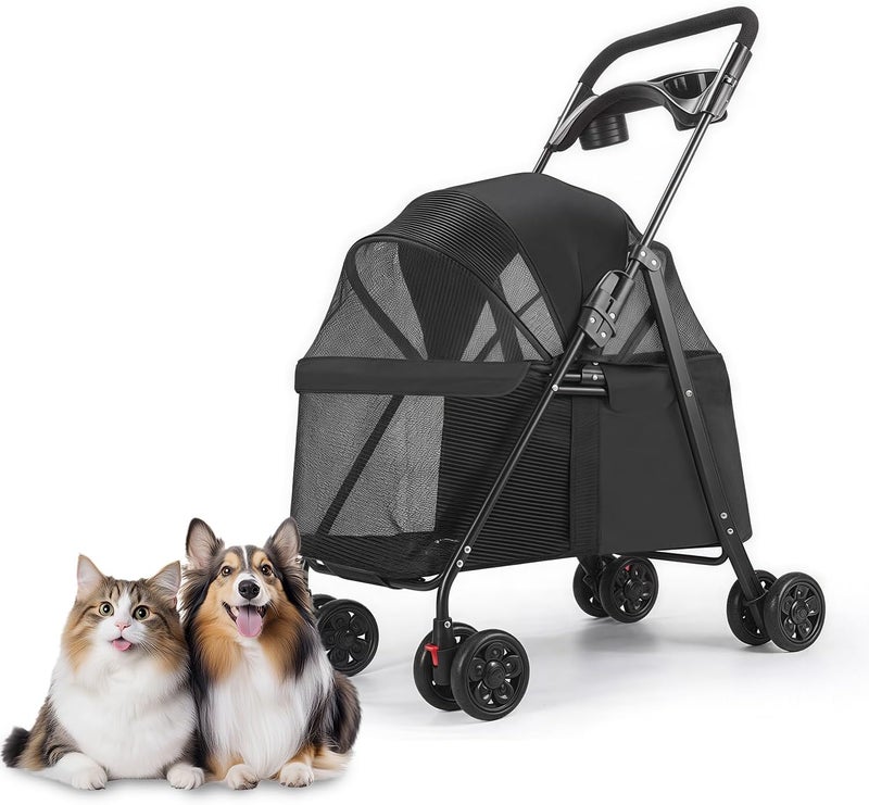 Masroo Pet Stroller 4 Wheels Dog Cat Stroller,Pet Folding Strollers,Foldable Dog Cat Cage Jogger Strollers with Storage Basket and Cup Holder,Breathable and Visible Mesh for Medium Small Dogs Cats - Image 1
