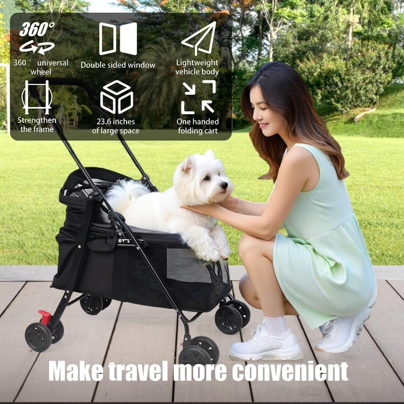 Masroo Pet Stroller 4 Wheels Dog Cat Stroller,Pet Folding Strollers,Foldable Dog Cat Cage Jogger Strollers with Storage Basket and Cup Holder,Breathable and Visible Mesh for Medium Small Dogs Cats - Image 2