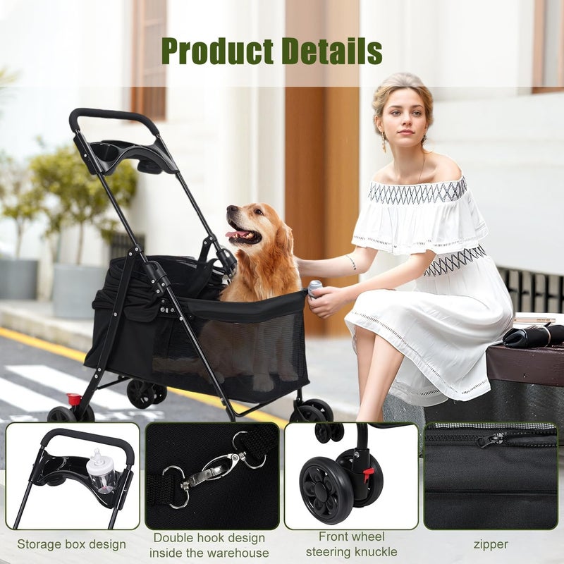 Masroo Pet Stroller 4 Wheels Dog Cat Stroller,Pet Folding Strollers,Foldable Dog Cat Cage Jogger Strollers with Storage Basket and Cup Holder,Breathable and Visible Mesh for Medium Small Dogs Cats - Image 5