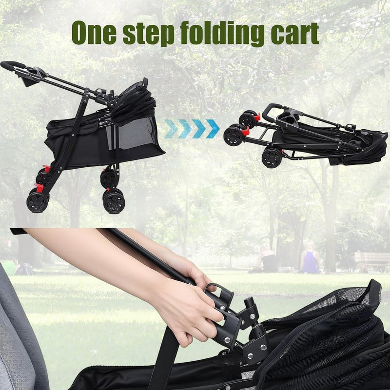 Masroo Pet Stroller 4 Wheels Dog Cat Stroller,Pet Folding Strollers,Foldable Dog Cat Cage Jogger Strollers with Storage Basket and Cup Holder,Breathable and Visible Mesh for Medium Small Dogs Cats - Image 4