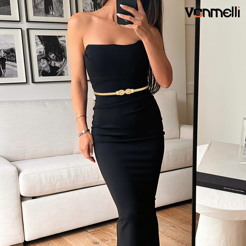 VONMELLI Skinny Gold Metal Belt for Dress Elastic Thin Dress Belt for Women Gold/Silver - Image 4