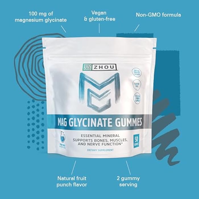 Zhou Mag Gly Gummies - Magnesium Glycinate Gummies for Women & Men, Cellular Energy Support, Muscle & Nerve Function Support, Vegan, Gluten Free, Natural Fruit Punch Flavor - 50 Count - Image 4