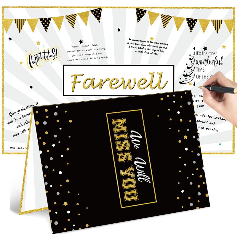 Sumind Large Farewell Greeting Card 138 x 216 Inch Farewell Gifts for Coworkers Friend Goodbye We Will Miss You Going Away Guest Signature Book Graduation Retirement Party FavorBlack and Gold