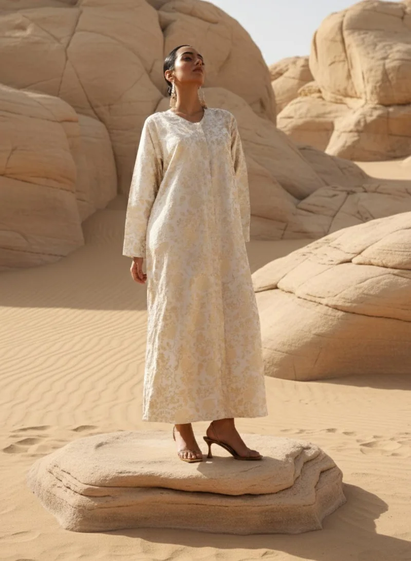 ISHIN Regal White Brocade Abaya with Hijab