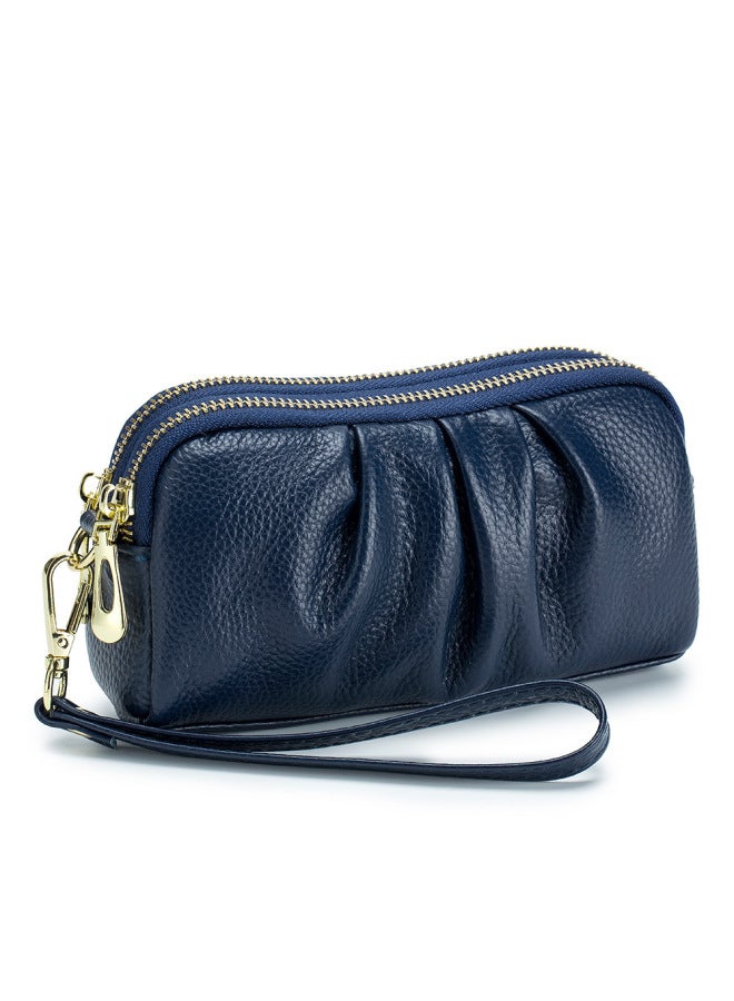 Genuine Leather Clutch Women's Elegant Large Capacity Handbag Double-layer Zipper Top Layer Cowhide All-match Women's Wallet-Color:Sapphire Blue  - Image 1