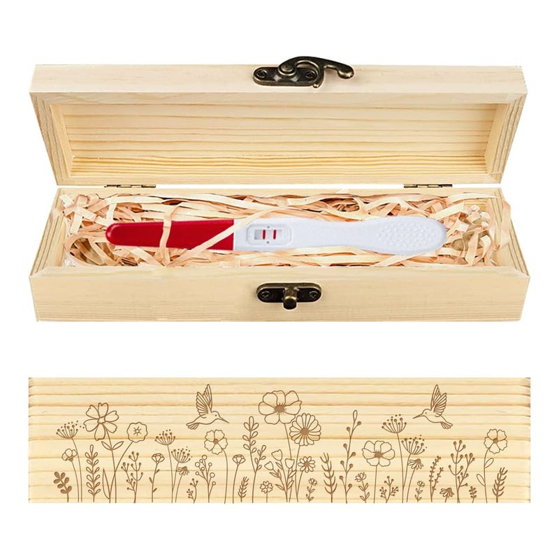 CHGCRAFT Pregnancy Test Keepsake Box Hummingbirds Wooden Pregnancy Announcement Gifts Box with Raffia Ribbon and Lock Announcement Gifts for Dad Husband 8x2x12inch - Image 1