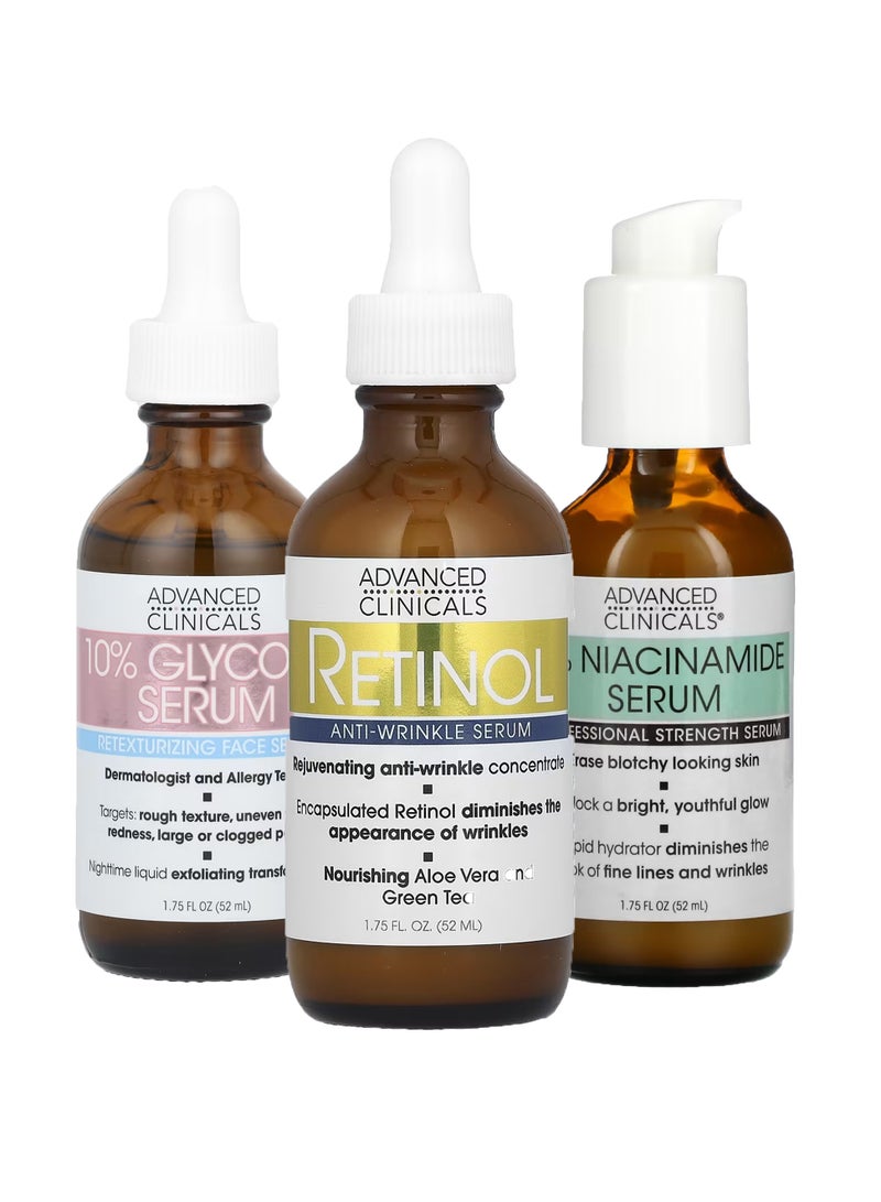 Advanced Clinicals set of 3 -Glycolic Serum10% and 5% Niacinamide Serum and retinol anti-wrinkle serum