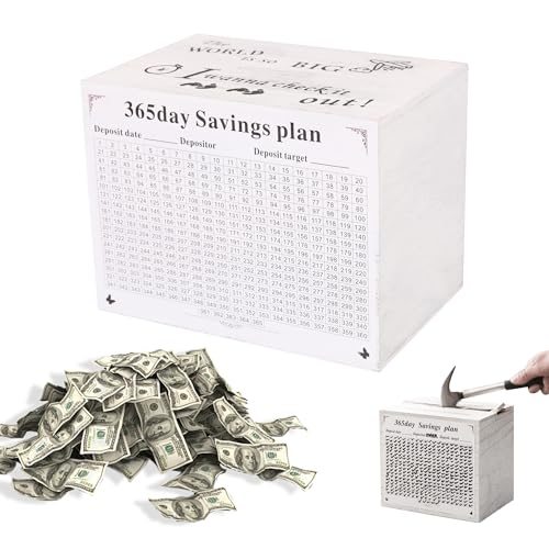 Figfey Piggy Bank for Kids and Adults Wooden Money Saving Box for Cash Unbreakable Piggy Bank for 10000 5000 3000 1000 800 500 Target Money Saving ChallengeWhite - Image 1