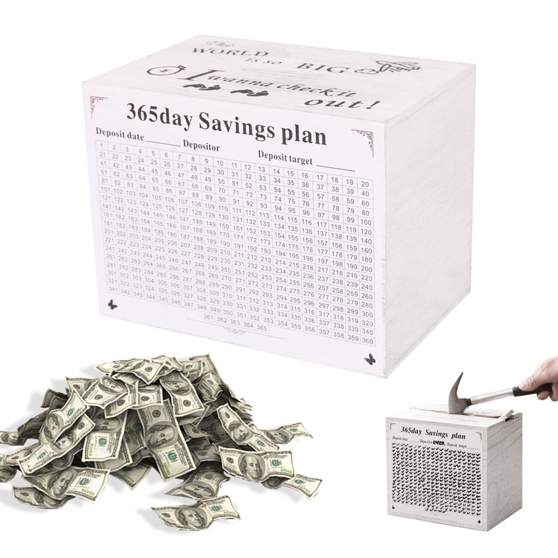 Figfey Piggy Bank for Kids and Adults Wooden Money Saving Box for Cash Unbreakable Piggy Bank for 10000 5000 3000 1000 800 500 Target Money Saving ChallengeWhite - Image 2