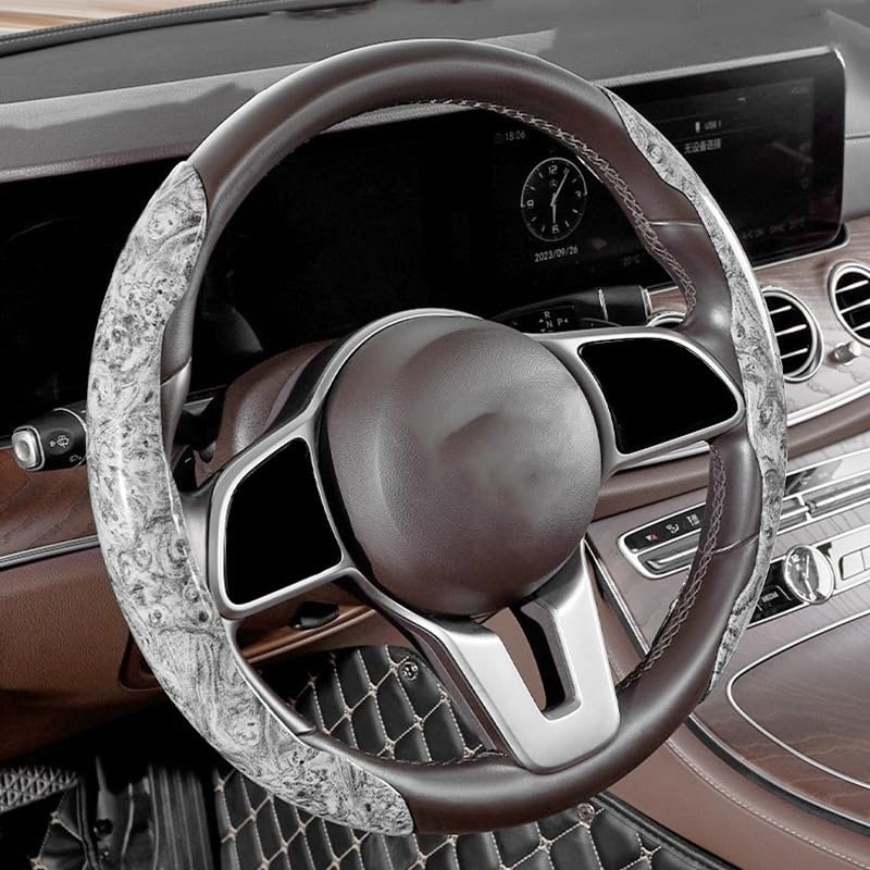 JVCV® Premium ABS Steering Wheel Trim Cover – Grey Marble Pattern | Luxury Car Interior Decorative Overlay | Anti-Slip Scratch-Resistant Stylish Upgrade | Universal Fit for Most Cars (Mohogany - Grey) - Image 2