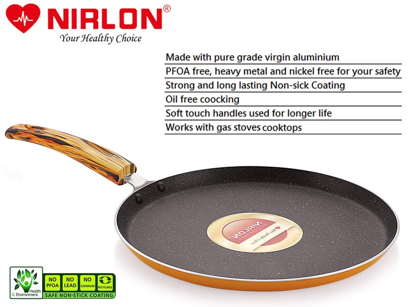Nirlon Orange Flamy Non Stick Aluminium Gas & stovetops Friendly Flat Dosa Tawa 26cm - Image 4