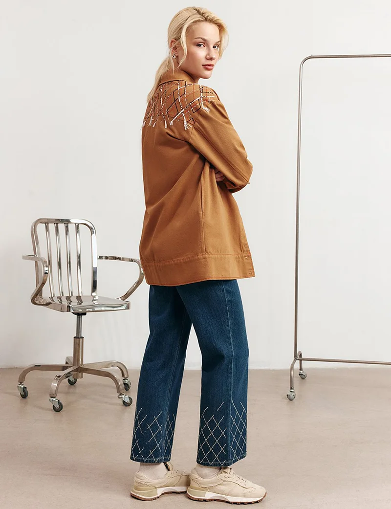 Kayra Embroidered Hem Denim Pants Navy