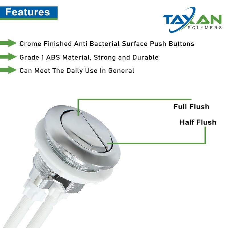 TAXAN POLYMERS Taxan Dual Flush Push Button for Toilet Water Tank (38 mm) – Chrome Finish Anti-Bacterial Surface, Round Design for Lid Holes (Inner 38 mm to 48 mm Size), Durable ABS Material - Image 4