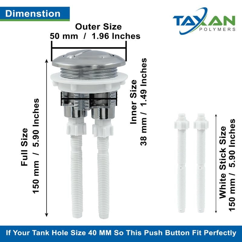 TAXAN POLYMERS Taxan Dual Flush Push Button for Toilet Water Tank (38 mm) – Chrome Finish Anti-Bacterial Surface, Round Design for Lid Holes (Inner 38 mm to 48 mm Size), Durable ABS Material - Image 3