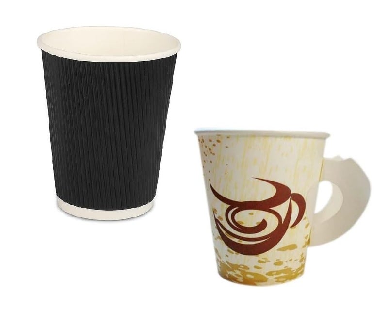 Spylark Paper Cups with Handle Black Ripple Cup Suitable for Coffee Tea Cold Drinks Disposable and MultiColoured 200 ml Pack of 50 25each 100 Biodegradable and Eco Friendly - Image 1