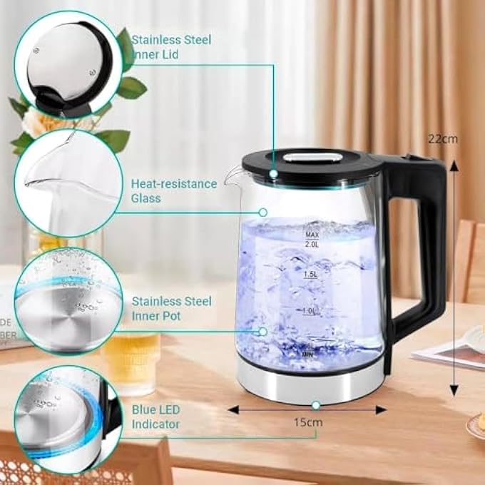 AMROAH 2L Glass Electric Kettle With Blue Indicator Light 1500W 360 Rotating Base Stainless Steel  Borosilicate Fast Boiling Capacity Hot Water Boiler Easy Cleaning With Water Level Gauge - Image 4