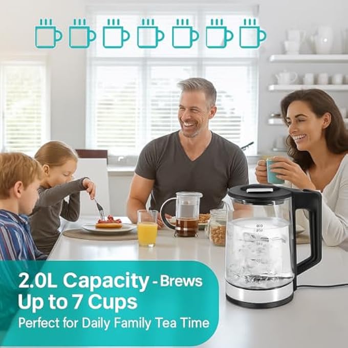 AMROAH 2L Glass Electric Kettle With Blue Indicator Light 1500W 360 Rotating Base Stainless Steel  Borosilicate Fast Boiling Capacity Hot Water Boiler Easy Cleaning With Water Level Gauge - Image 3