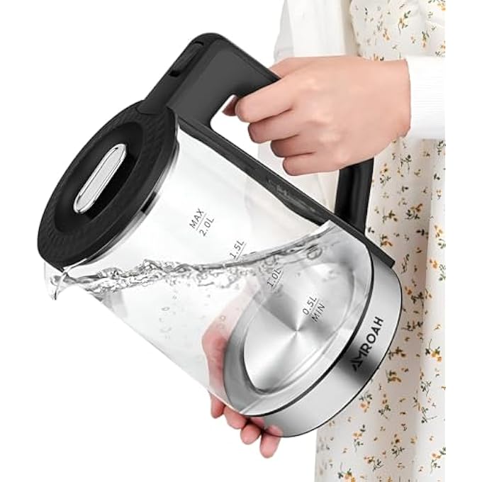AMROAH 2L Glass Electric Kettle With Blue Indicator Light 1500W 360 Rotating Base Stainless Steel  Borosilicate Fast Boiling Capacity Hot Water Boiler Easy Cleaning With Water Level Gauge - Image 2