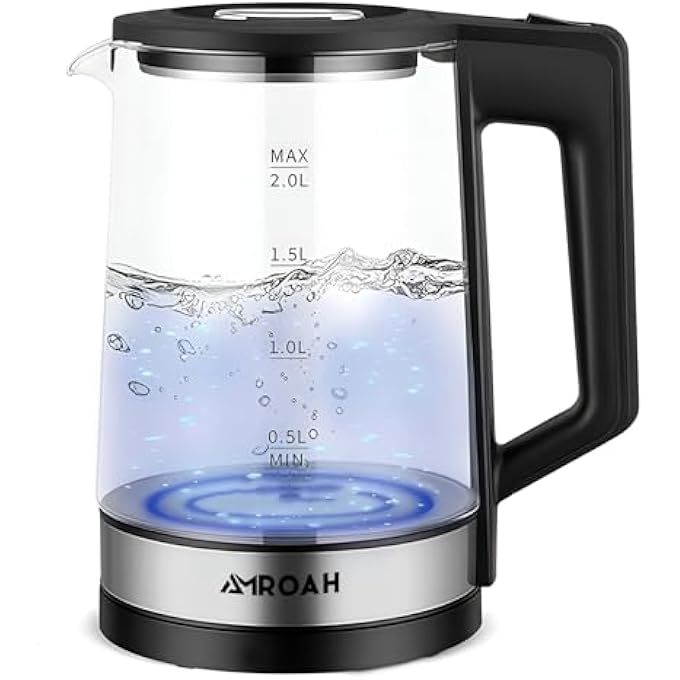 AMROAH 2L Glass Electric Kettle With Blue Indicator Light 1500W 360 Rotating Base Stainless Steel  Borosilicate Fast Boiling Capacity Hot Water Boiler Easy Cleaning With Water Level Gauge - Image 1