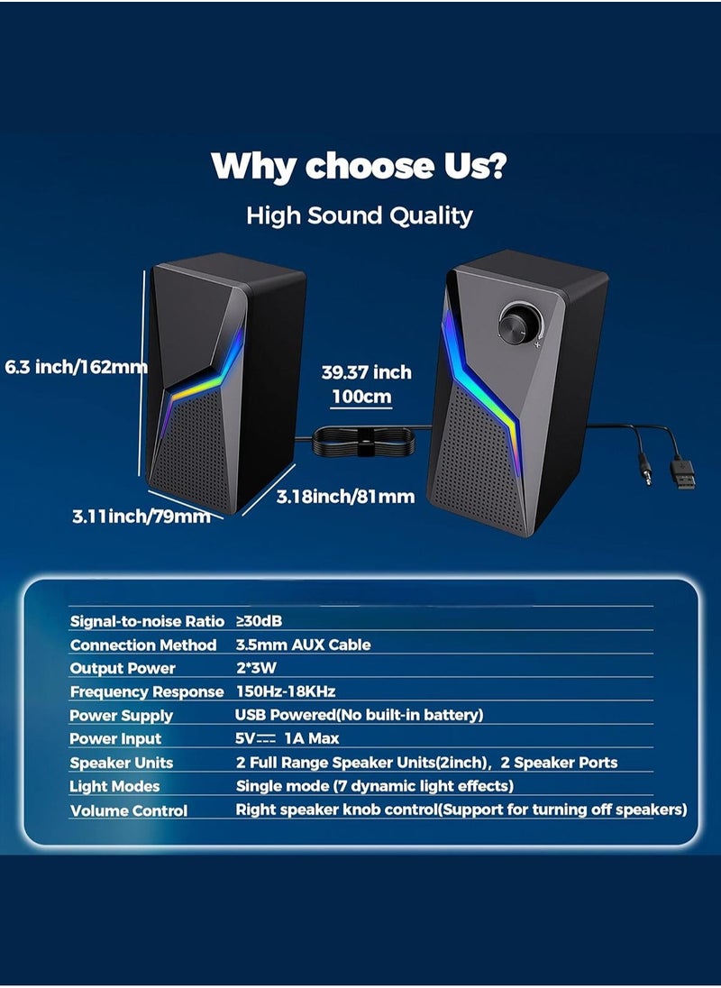 LOOPITYS Computer Speakers, PC Gaming Speakers with Enhanced Bass and Volume Control, Stereo 2.0 USB Powered 3.5mm Aux Multimedia Speakers for Laptop/Desktop/Tablets/Phone  - Image 5