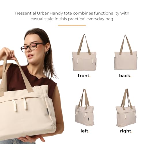 Tressential Canvas Tote Bag, HandBag for Women, Multi-Pocket Design, Casual Style for Office & College (Ivory) - Image 4