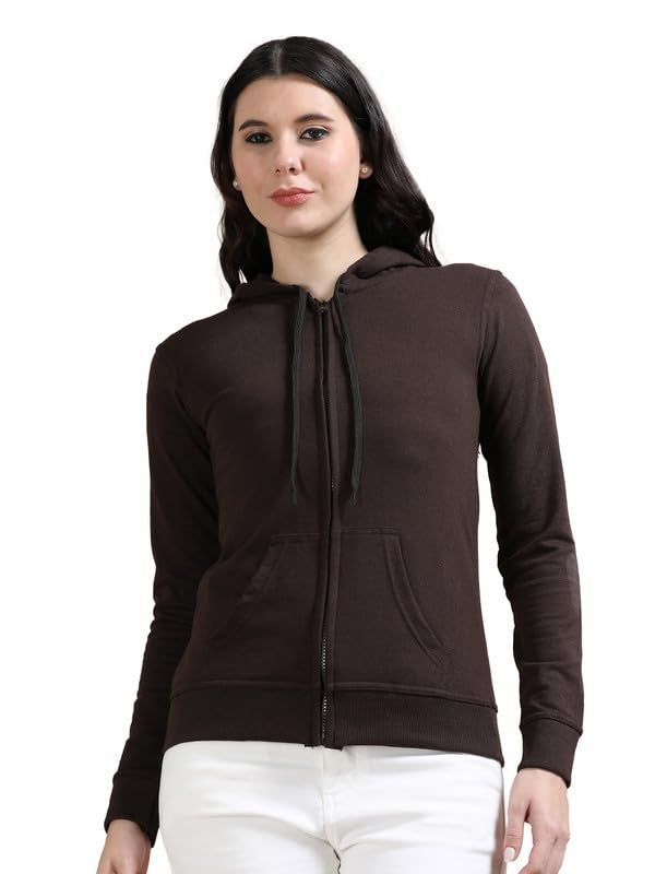 Wafaa Women's Cotton Plain Hooded Neck Full Zipper Steel Coffee Brown Color Regular Fit Sweatshirt Hoodies with Kangaroo Pocket XL Size - Image 1