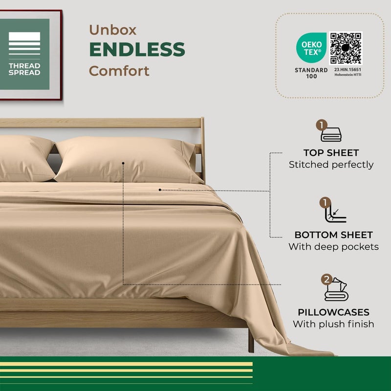THREAD SPREAD 100% Organic Cotton Sheets California King Size - 4 PC Organic Cotton Cal King Size Percale Weave Sheet Set, Soft, Cooling & Crisp, 16" Deep Pocket Hotel Quality Bedding Set - Taupe - Image 3