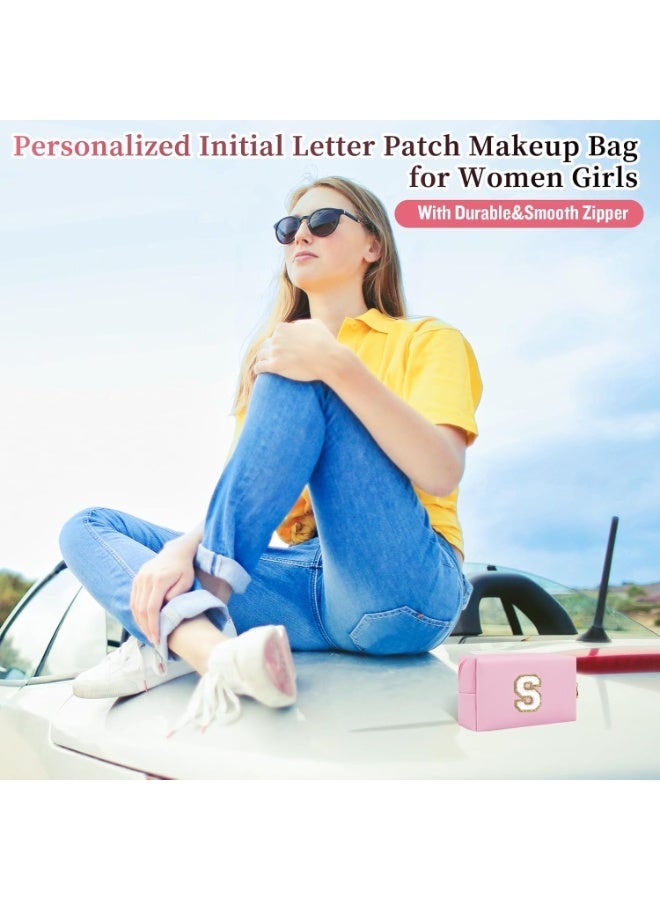 شخصية الرسالة الأولية تصحيح حقيبة ماكياج، Preppy شينيل الرسالة حقيبة مستحضرات التجميل مع السحاب، الوردي / الأبيض الرسالة، S - Image 2
