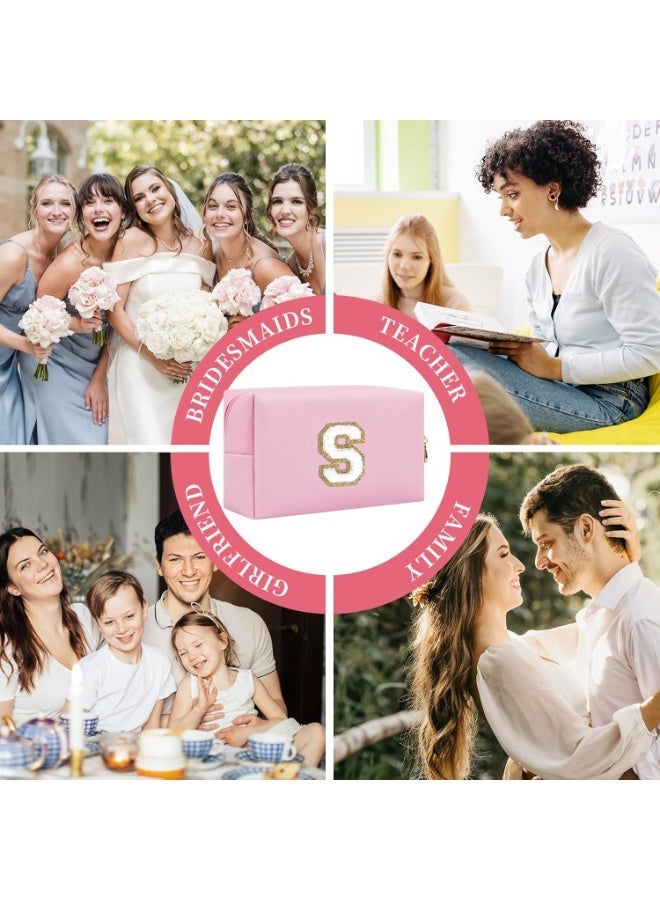 شخصية الرسالة الأولية تصحيح حقيبة ماكياج، Preppy شينيل الرسالة حقيبة مستحضرات التجميل مع السحاب، الوردي / الأبيض الرسالة، S - Image 4