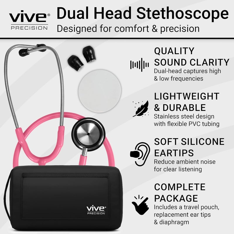 Vive PRECISION Dualhead Stethoscope - Dual Head Diaphragm Bell for Nurses, ER, Cardiology, Veterinary, Fetal Pediatrics Blood Pressure Kit - Double Barrel Chestpiece Device For Doctors, Students - Image 2