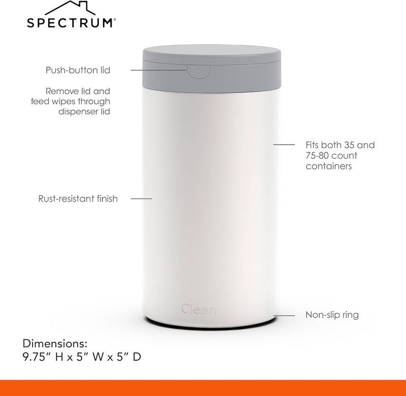 Spectrum Diversified حاوية مناديل تعقيم Spectrum مع غطاء زر دفع موزع قابل لإعادة التعبئة للحمام والمطبخ والفصول الدراسية وسطح العمل في المنزل حاملة مناديل تعقيم من الفولاذ المقاوم للصدأ ومقاومة للصدأ - Image 2