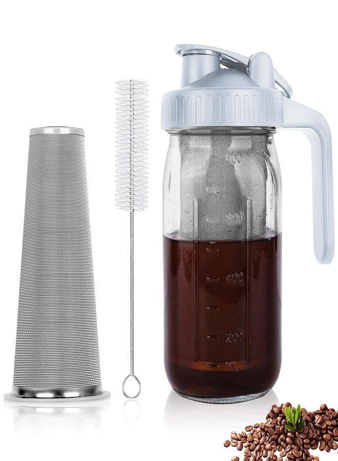 QHH Cold Brew Coffee Maker,32 oz Mason Jar Pitcher with Stainless Steel Filter, Pour Spout Handle Lid, Heavy Duty Glass Airtight & Leak-Proof Pitcher for iced coffee Tea Lemonade-Gray - Image 1