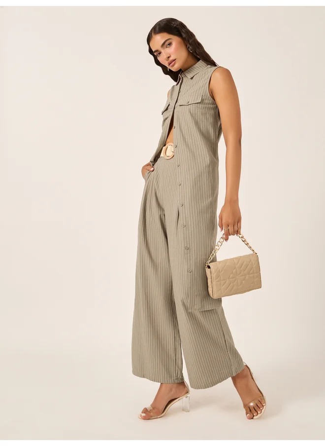 ستايلي Styli Stiped Sleeveless Button-Down Tunic and Wide Leg Pants Co-Ords