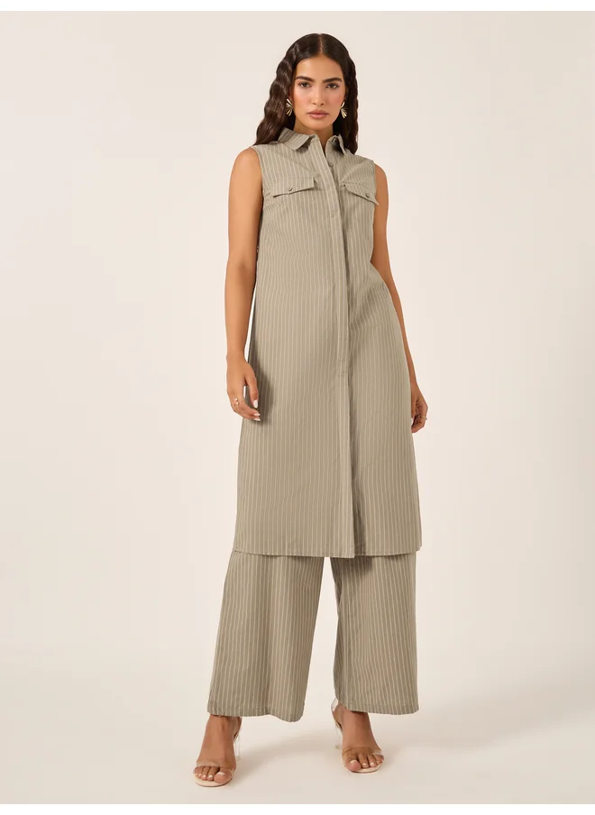 ستايلي Styli Stiped Sleeveless Button-Down Tunic and Wide Leg Pants Co-Ords
