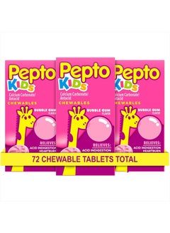 Pepto Bismol Pepto Kid's Chewable Tablets for Heartburn, Acid Indigestion, Sour Stomach, and Upset Stomach, Bubblegum Flavor, 72 Count (Pack of 3)  - Image 1