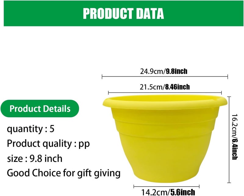 RooTrimmer Plant Pot Set of 5, 10" Outside Diameter Flower Pots, 8.5" Inner Diameter Plant Planters with Drainage Hole, Durable Garden Pots Perfect for Indoor & Outdoor Plant Planting, Decor, Yellow - Image 3