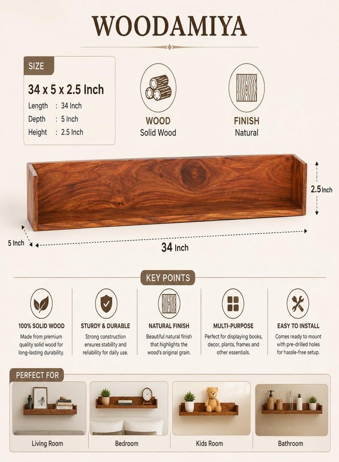 WOODAMIYA® Wooden Wall Mounting Shelves for Decorative Wall Shelf for Books, Décor, and Display - Elegant Space-Saving Design | Natural Finish | 34 x 5 x 2.5 Inch | 1 Pcs Only. - Image 2